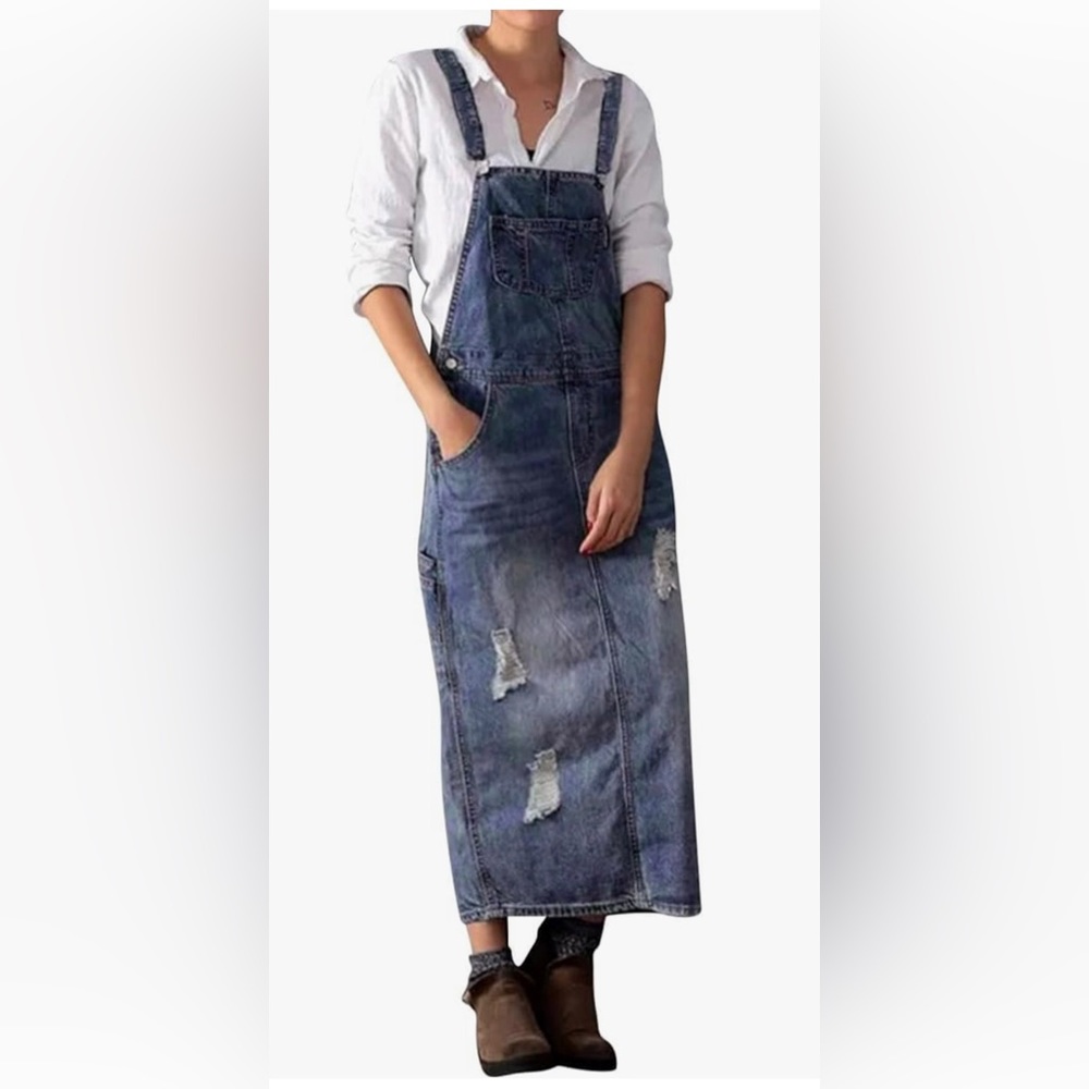 Casual Blue Denim Midi Overall Dress - Picture 2 of 6